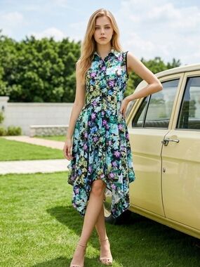 Handmade Floral Handkerchief Hem Sleeveless  Dress - Multi Floral